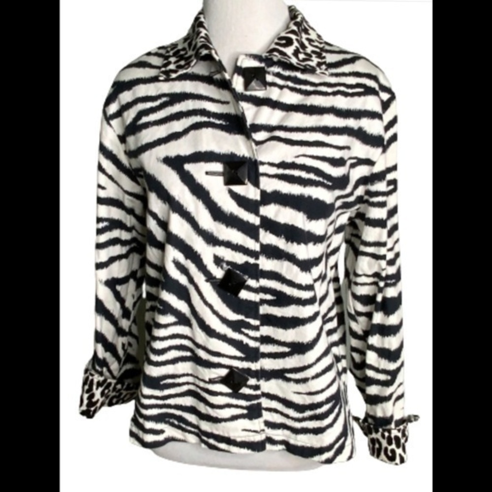 Painted Pony Black White Zebra Print Leopard Cuffs Button Up Stylish Jacket S